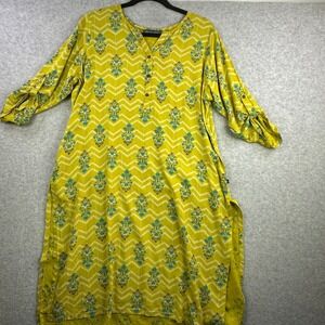 Avaasa Yellow Floral Chevron Kurti Tunic Dress XXL Lagenlook Roll Sleeve Boho